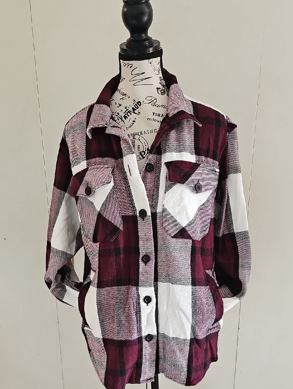 Plaid Button-Front Utility Shacket in Burgundy and White